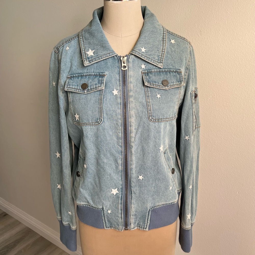 Lucky Brand Medium Denim Jean Jacket with Embroidered Stars